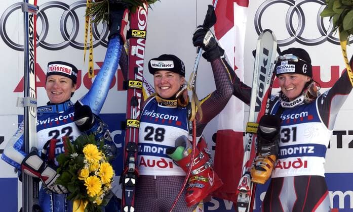 ST MORITZ 20030209 Kanadensiskan Melanie Turgeon (mitten) vann, medan schweiziskan Corinne Rey Bellet (t v) och österrikiskan Alexandra Meissnitzer (t h) delade pa silvermedaljen i damernas störtlopp vid VM i St Moritz söndagen den 9:e februari 2003. ST MORITZ Schweiz x20520x *** ST MORITZ 20030209 Canadas Melanie Turgeon center won, while Switzerlands Corinne Rey Bellet t w and Austrias Alexandra Meissnitzer t h shared the silver medal in the womens downhill at the World Championships in St Moritz Sunday February 9 2003 ST MORITZ Switzerland x20520x  Copyright: xTorxRichardsen TTx 20520