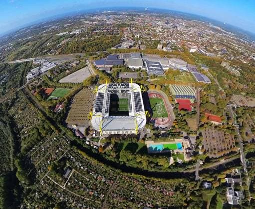 Aerial view, Bundesliga stadium Signal Iduna Park of BVB 09 Dortmund, also Westfalenstadion, stadium Rote Erde, Westfalenhallen, fisheye shot, fisheye shot, 360 degree shot, Westfalenhalle, Dortmund, Ruhr area, North Rhine Westphalia, Germany ATTENTIONxMINDESTHONORARx60xEURO