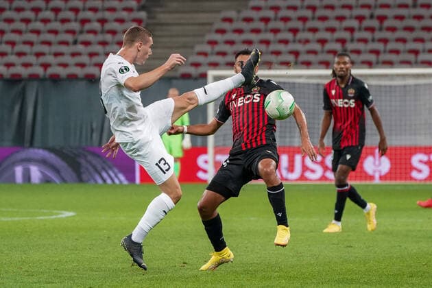 Michal Kohut (Slovacko) - GaÃ«tan Laborde (OGC Nice) FOOTBALL : OGC Nice vs Slovacko - europa conference league - Phase de groupe - Nice - 13 10 2022 NorbertScanella Panoramic 
