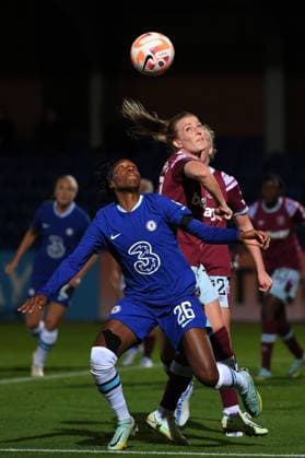 WSL: Chelsea FC v West Ham United Kadeisha Buchanan of Chelsea women and Kate Longhurst of West ham Women during the Chelsea FC v West Ham United Womens Super League match on 28th September 2022 at Kingsmeadow Stadium Kingston England. Kingston England United Kingdom  Copyright: xClivexHowes OICx