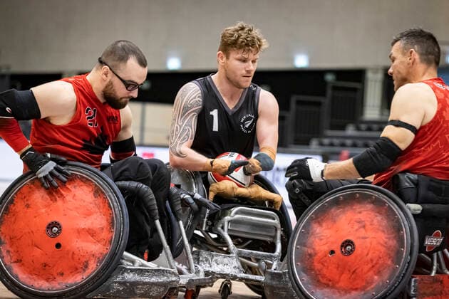 Canada vs New Zealand, 2022 Wheelchair Rugby World Championship, Vejle 15 10 22 Anthony Letourneau no 21, Team Canada , Cameron Leslie no 01, Team New Zealand , Mike Whitehead no 08, Team Canada Copyright: xBEAUTIFULxSPORTS MarioxM.xKobergx