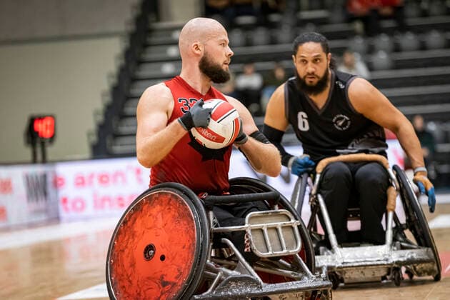 Canada vs New Zealand, 2022 Wheelchair Rugby World Championship, Vejle 15 10 22 Zak Madell no 33, Team Canada , Hayden Barton Cootes no 06, Team New Zealand Copyright: xBEAUTIFULxSPORTS MarioxM.xKobergx