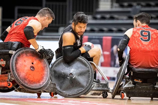 Canada vs New Zealand, 2022 Wheelchair Rugby World Championship, Vejle 15 10 22 Mike Whitehead no 08, Team Canada , Tainafi Lefono no 15, Team New Zealand , Cody Caldwell no 09, Team Canada Copyright: xBEAUTIFULxSPORTS MarioxM.xKobergx