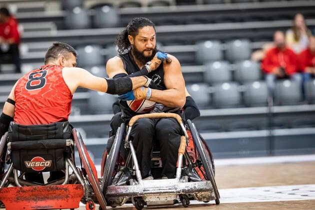 Canada vs New Zealand, 2022 Wheelchair Rugby World Championship, Vejle 15 10 22 Mike Whitehead no 08, Team Canada , Hayden Barton Cootes no 06, Team New Zealand Copyright: xBEAUTIFULxSPORTS MarioxM.xKobergx