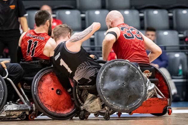 Canada vs New Zealand, 2022 Wheelchair Rugby World Championship, Vejle 15 10 22 Fabien Lavoie no 11, Team Canada , Cameron Leslie no 01, Team New Zealand , Zak Madell no 33, Team Canada Copyright: xBEAUTIFULxSPORTS MarioxM.xKobergx