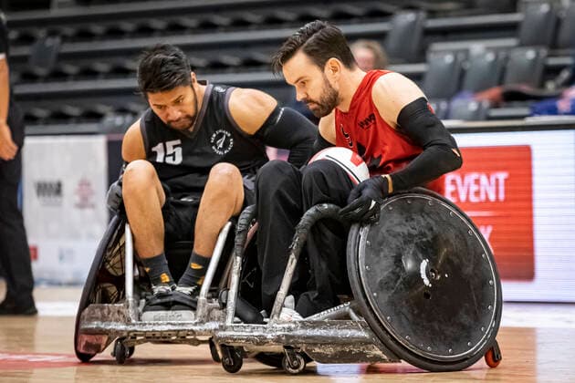 Canada vs New Zealand, 2022 Wheelchair Rugby World Championship, Vejle 15 10 22 Tainafi Lefono no 15, Team New Zealand , Cody Caldwell no 09, Team Canada Copyright: xBEAUTIFULxSPORTS MarioxM.xKobergx