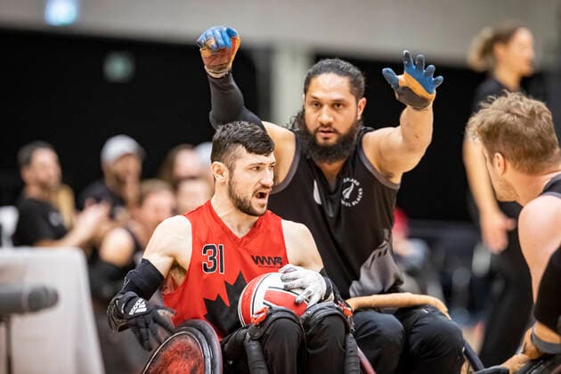 Canada vs New Zealand, 2022 Wheelchair Rugby World Championship, Vejle 15 10 22 Matt Debly no 31, Team Canada , Hayden Barton Cootes no 06, Team New Zealand Copyright: xBEAUTIFULxSPORTS MarioxM.xKobergx