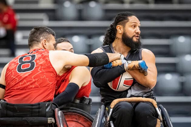 Canada vs New Zealand, 2022 Wheelchair Rugby World Championship, Vejle 15 10 22 Mike Whitehead no 08, Team Canada , Hayden Barton Cootes no 06, Team New Zealand Copyright: xBEAUTIFULxSPORTS MarioxM.xKobergx