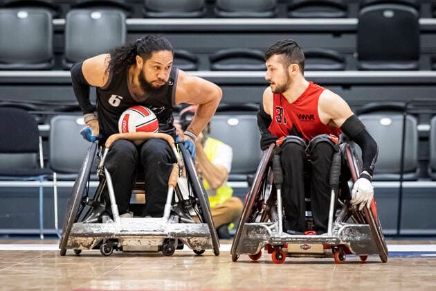 Canada vs New Zealand, 2022 Wheelchair Rugby World Championship, Vejle 15 10 22 Hayden Barton Cootes no 06, Team New Zealand , Matt Debly no 31, Team Canada Copyright: xBEAUTIFULxSPORTS MarioxM.xKobergx