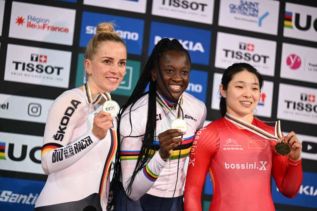Bilder des Jahres, Sport 10 Oktober Sport Themen der Woche KW41 Sport Bilder des Tages 15-10-2022 World Championships Elite Women Track; Giornata 04; 2022, France; 2022, Germany; 2022, Cine; Kouame, Taky Marie Divine; Hinze, Emma; Guo, Yufang; Saint Quentin En Yvelines; 