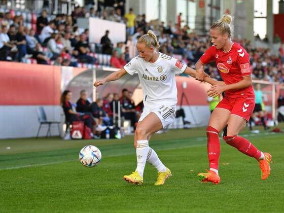 Lea Schüller 11 FC Bayern München and Celina Degen 5 1 FC Köln in action at the Flyeralarm womens Bundesliga match FC Bayern München 1 FC Köln n on 16 10 2022 Munich Bayern Campus Bavaria Germany