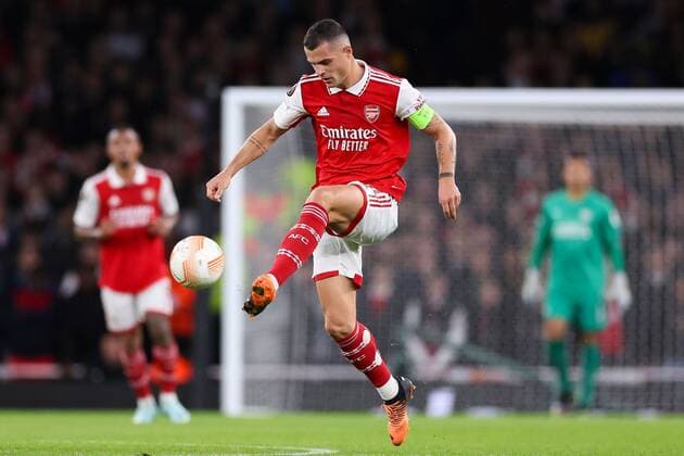Mandatory Credit: Photo by Simon Dael Shutterstock (13480677o) Granit Xhaka of Arsenal Arsenal v PSV Eindhoven, UEFA Europa League, Group A, Football, Emirates Stadium, London, UK - 20 Oct 2022 EDITORIAL USE ONLY No use with unauthorised audio, video, data, fixture lists, club league logos or live services. Online in-match use limited to 120 images, no video emulation. No use in betting, games or single club league player publications. Arsenal v PSV Eindhoven, UEFA Europa League, Group A, Football, Emirates Stadium, London, UK - 20 Oct 2022 EDITORIAL USE ONLY No use with unauthorised audio, video, data, fixture lists, club league logos or live services. Online in-match use limited to 120 images, no video emulation. No use in betting, games or single club league player publications. Copyright: xSimonxDael Shutterstockx 13480677o