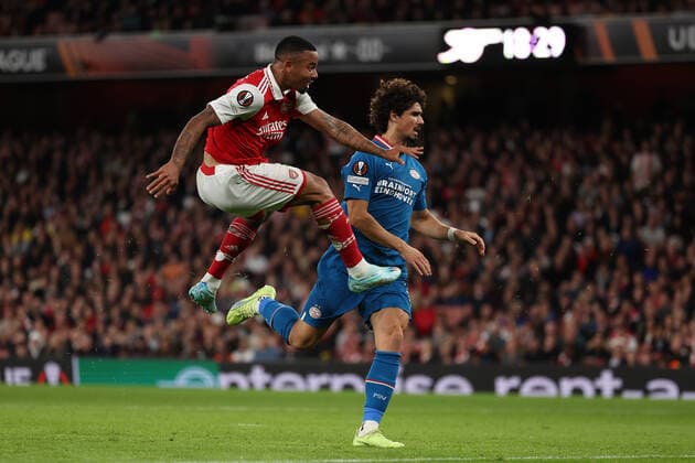 20th October 2022; Emirates Stadium, London, England; Europa League Football, Arsenal versus PSV Eindhoven; Gabriel Jesus of Arsenal miss times a shot on goal  ActionPlus12438013 ShaunxBrooks
