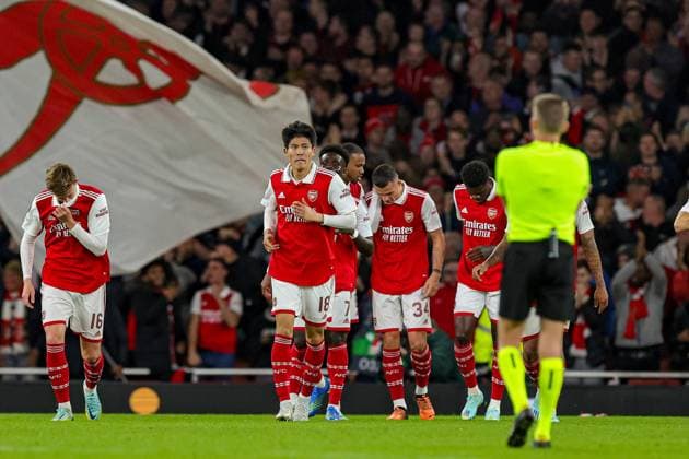 Arsenal v PSV Eindhoven Europa League 20 10 2022. Group A Goal 1-0 Granit Xhaka (34) of Arsenal scores a goal and celebrates at full time during the Europa League match between Arsenal and PSV Eindhoven at the Emirates Stadium, London, England on 20 October 2022. Editorial use only , Copyright: xNigelxKeenex PSI-16182-0060