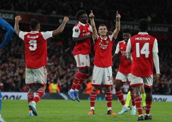 London, England, 20th October 2022. Granit Xhaka of Arsenal celebrates after scoring the opening goal during the UEFA Europa League match at the Emirates Stadium, London. Picture credit should read: Paul Terry Sportimage EDITORIAL USE ONLY. No use with unauthorised audio, video, data, fixture lists, club league logos or live services. Online in-match use limited to 120 images, no video emulation. No use in betting, games or single club league player publications. SPI-1970-0030