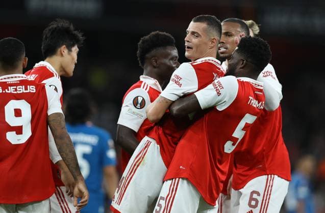 London, England, 20th October 2022. Granit Xhaka of Arsenal celebrates after scoring the opening goal during the UEFA Europa League match at the Emirates Stadium, London. Picture credit should read: Paul Terry Sportimage EDITORIAL USE ONLY. No use with unauthorised audio, video, data, fixture lists, club league logos or live services. Online in-match use limited to 120 images, no video emulation. No use in betting, games or single club league player publications. SPI-1970-0032