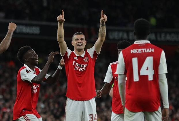 London, England, 20th October 2022. Granit Xhaka of Arsenal celebrates after scoring the opening goal during the UEFA Europa League match at the Emirates Stadium, London. Picture credit should read: Paul Terry Sportimage EDITORIAL USE ONLY. No use with unauthorised audio, video, data, fixture lists, club league logos or live services. Online in-match use limited to 120 images, no video emulation. No use in betting, games or single club league player publications. SPI-1970-0038