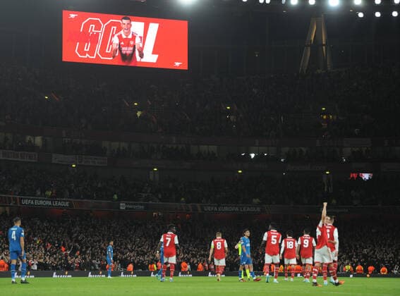 Football - 2022 2023 UEFA Europa League - Group A - Round Two - Arsenal vs PSV Eindhoven - Emirates Stadium - Thursday 20th October 2022 Granit Xhaka of Arsenal celebrates scoring his 2nd half goal with the screen 