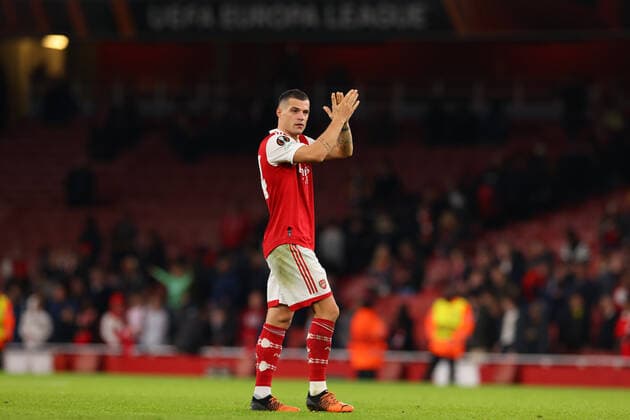 20th October 2022; Emirates Stadium, London, England; Europa League Football, Arsenal versus PSV Eindhoven; Granit Xhaka of Arsenal celebrates the 1-0 win  ActionPlus12438100 ShaunxBrooks