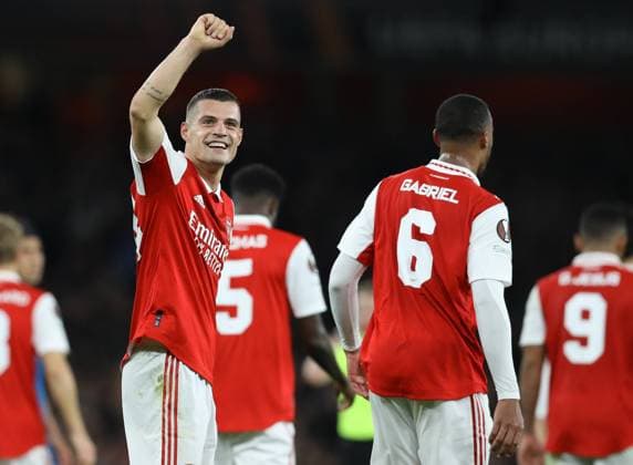 London, England, 20th October 2022. Granit Xhaka of Arsenal celebrates after scoring the opening goal during the UEFA Europa League match at the Emirates Stadium, London. Picture credit should read: Paul Terry Sportimage EDITORIAL USE ONLY. No use with unauthorised audio, video, data, fixture lists, club league logos or live services. Online in-match use limited to 120 images, no video emulation. No use in betting, games or single club league player publications. SPI-1970-0047