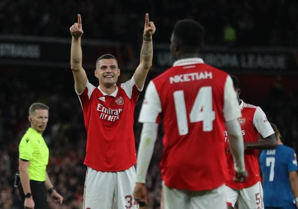 London, England, 20th October 2022. Granit Xhaka of Arsenal celebrates after scoring the opening goal during the UEFA Europa League match at the Emirates Stadium, London. Picture credit should read: Paul Terry Sportimage EDITORIAL USE ONLY. No use with unauthorised audio, video, data, fixture lists, club league logos or live services. Online in-match use limited to 120 images, no video emulation. No use in betting, games or single club league player publications. SPI-1970-0050