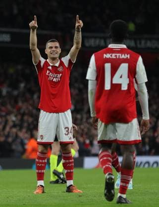 London, England, 20th October 2022. Granit Xhaka of Arsenal celebrates after scoring the opening goal during the UEFA Europa League match at the Emirates Stadium, London. Picture credit should read: Paul Terry Sportimage EDITORIAL USE ONLY. No use with unauthorised audio, video, data, fixture lists, club league logos or live services. Online in-match use limited to 120 images, no video emulation. No use in betting, games or single club league player publications. SPI-1970-0051