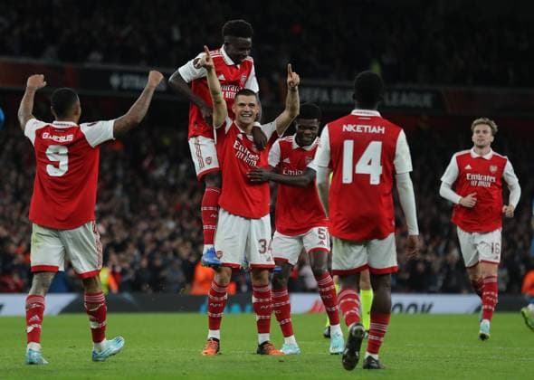 London, England, 20th October 2022. Granit Xhaka of Arsenal celebrates after scoring the opening goal during the UEFA Europa League match at the Emirates Stadium, London. Picture credit should read: Paul Terry Sportimage EDITORIAL USE ONLY. No use with unauthorised audio, video, data, fixture lists, club league logos or live services. Online in-match use limited to 120 images, no video emulation. No use in betting, games or single club league player publications. SPI-1970-0052