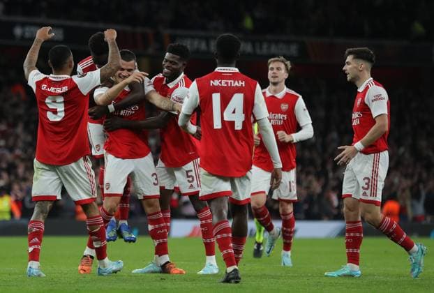 London, England, 20th October 2022. Granit Xhaka of Arsenal celebrates after scoring the opening goal during the UEFA Europa League match at the Emirates Stadium, London. Picture credit should read: Paul Terry Sportimage EDITORIAL USE ONLY. No use with unauthorised audio, video, data, fixture lists, club league logos or live services. Online in-match use limited to 120 images, no video emulation. No use in betting, games or single club league player publications. SPI-1970-0053