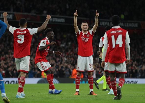 London, England, 20th October 2022. Granit Xhaka of Arsenal celebrates after scoring the opening goal during the UEFA Europa League match at the Emirates Stadium, London. Picture credit should read: Paul Terry Sportimage EDITORIAL USE ONLY. No use with unauthorised audio, video, data, fixture lists, club league logos or live services. Online in-match use limited to 120 images, no video emulation. No use in betting, games or single club league player publications. SPI-1970-0054