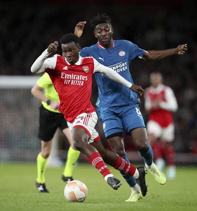 Mandatory Credit: Photo by Matt Impey Shutterstock (13481894l) Eddie Nketiah of Arsenal gets away from Ibrahim Sangare of PSV Arsenal v PSV Eindhoven, Football, UEFA Europa League, Emirates Stadium, Islington, London, UK - 20 10 2022 Editorial use only Arsenal v PSV Eindhoven, Football, UEFA Europa League, Emirates Stadium, Islington, London, UK - 20 10 2022 Editorial use only Copyright: xMattxImpey Shutterstockx 13481894l