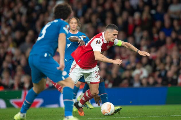 GranitÊXhaka of Arsenal is fouled during the UEFA Europa League match between Arsenal and PSV Eindhoven at the Emirates Stadium, London, England on 20 October 2022. Copyright: xSalvioxCalabresex 33860053