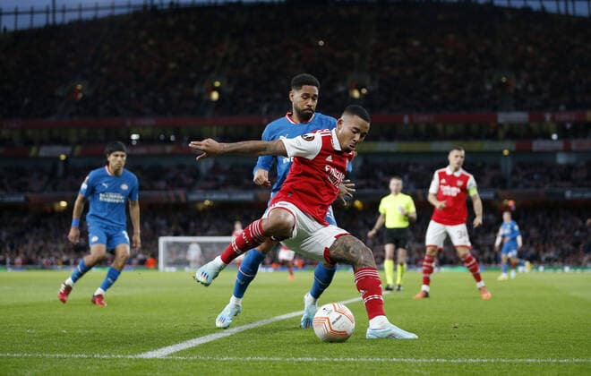 Mandatory Credit: Photo by Matt Impey Shutterstock (13481894w) Gabriel Jesus of Arsenal is challenged by Phillipp Mwene of PSV Arsenal v PSV Eindhoven, Football, UEFA Europa League, Emirates Stadium, Islington, London, UK - 20 10 2022 Editorial use only Arsenal v PSV Eindhoven, Football, UEFA Europa League, Emirates Stadium, Islington, London, UK - 20 10 2022 Editorial use only Copyright: xMattxImpey Shutterstockx 13481894w
