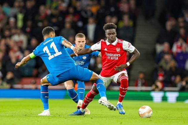 Arsenal v PSV Eindhoven Europa League 20 10 2022. Group A Bukayo Saka (7) of Arsenal on the ball during the Europa League match between Arsenal and PSV Eindhoven at the Emirates Stadium, London, England on 20 October 2022. Editorial use only , Copyright: xNigelxKeenex PSI-16182-0092