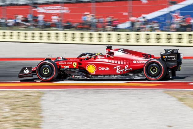 AUSTIN, TX - OCTOBER 21: Scuderia Ferrari driver Robert Shwartzman (39) (RUS) at turn 19 during P1 at the F1 United States Grand Prix held October 21, 2022 at the Circuit of the Americas in Austin, TX. (Photo by Allan Hamilton Icon Sportswire) AUTO: OCT 21 F1 US Grand Prix Icon2210211811
