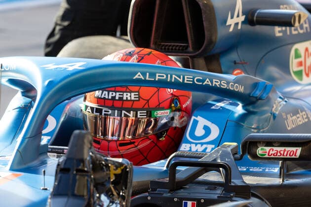 AUSTIN, TX - OCTOBER 21: Alpine driver Estabon Ocon (31) of Team France with his Spiderman Helmet in the cockpit during the second practice session of the F1 US Grand Prix at Circuit of the Americas on October 21, 2022 in Austin, TX. (Photo by David Buono Icon Sportswire) AUTO: OCT 21 F1 US Grand Prix Icon2210211121