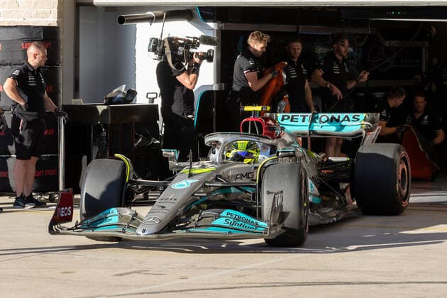 AUSTIN, TX - OCTOBER 21: Mercedes AMG Petronas Motorsport driver Lewis Hamilton (44) of Team Great Britain leaves his garage during the second practice session of the F1 US Grand Prix at Circuit of the Americas on October 21, 2022 in Austin, TX. (Photo by David Buono Icon Sportswire) AUTO: OCT 21 F1 US Grand Prix Icon2210211391