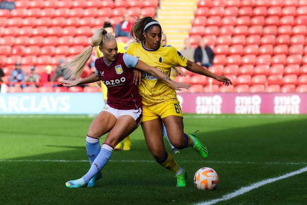 Aston Villa Women and Everton Women Birmingham, England - October 22: Alisha Lehmann of Aston Villa battles with Gabrielle George of Everton Women during the Barclays Women s Super League match between Aston Villa Women and Everton Women at Poundland Bescot Stadium on October 22, 2022 in Birmingham, England. Copyright: xNinaxFarooqix