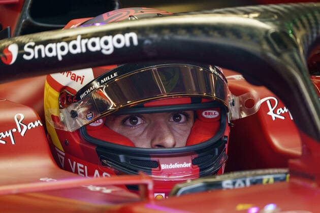 Spanish Formula One driver Carlos Sainz Jr. of Scuderia Ferrari is seen in the garage during the third free practice session of the Formula One Grand Prix of the US at the Circuit of The Americas in Austin, Texas, on Saturday, October 22, 2022.  AUT20221022209 GREGxNASH