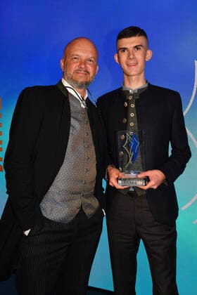 Ben Neumann with his father Peter awarding of the Bavarian Sports Award 2022 honor, award, prize BMW World Munich 22 October 2022