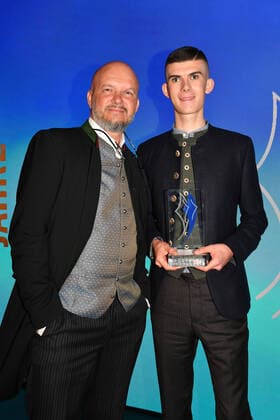 Ben Neumann with his father Peter awarding of the Bavarian Sports Award 2022 honor, award, prize BMW World Munich 22 October 2022