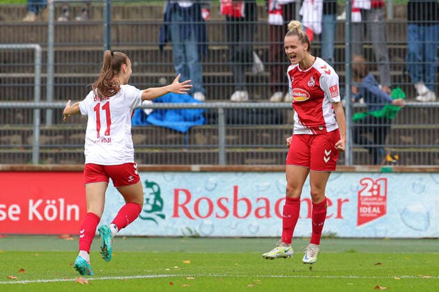f li Alena Bienz 1 FC Köln, 11 and goal scorer Jana Beuschlein 1 FC Köln, 23 with goal cheer, jubilation, cheering, optimistic, game scene, highlight, joy about the goal to 1 0, THE DFB DIRECTIVES PROHIBIT ANY USE OF PHOTOGRAPHS AS IMAGE SEQUENCES AND OR QUASI VIDEO , 23 10 2022, Cologne Germany , Football, Flyeralarm Womens Bundesliga, 1 FC Cologne SV Werder Bremen xobx
