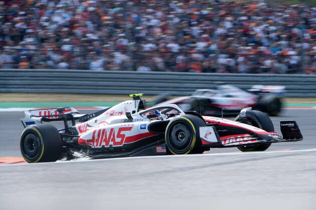 Mick Schumacher GER, Haas F1 Team 47 in VF 22, behind teammate Kevin Magnussen DEN, Haas F1 Team 20 , USA, Formula 1 Grand Prix of the USA, Circuit of the Americas Austin, race, 23 10 2022 USA, Formula 1 Grand Prix of the USA, Circuit of the Americas Austin, race, 23 10 2022 Austin Copyright: xEibner Memmlerx EP_MMR