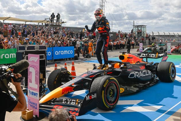AUSTIN, TX - OCTOBER 23: Red Bull Racing Honda driver Max Verstappen (1) of Team Netherlands celebrates winning the F1 Aramco United States Grand Prix race at Circuit of the Americas on October 22, 2022 in Austin, TX. (Photo by Ken Murray Icon Sportswire) AUTO: OCT 23 F1 US Grand Prix Icon2210230011
