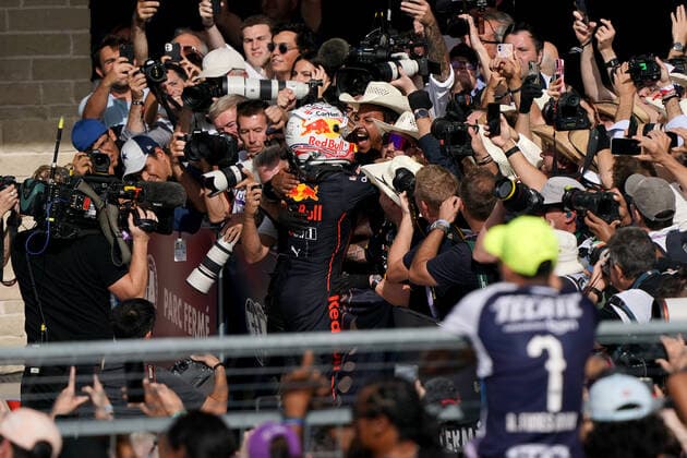 Dutch Formula One driver Max Verstappen of Red Bull Racing celebrates after winning the Formula One Grand Prix of the US at the Circuit of The Americas in Austin, Texas, on Sunday, October 23, 2022.  AUS20221023508 GREGxNASH