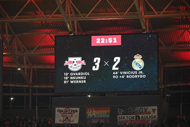 Football, Men, 2022 2023 season, Champions League group stage, Group F, Matchday 5 , RB Leipzig Real Madrid, scoreboard with the final score 3 2 , 25 10 2022, Copyright: xMatthiasxKochx