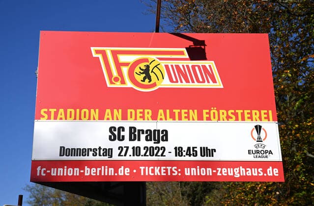Football, men, season 2022 2023, Europa League, 1 FC Union Berlin, training before the Europa League match 1 FC Union Berlin SC Sporting Braga, in the picture notice board for the match against Braga, 26 10 2022, Copyright: xMatthiasxKochx