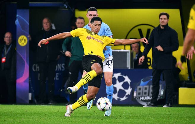 Football, Champions League, Germany, Men, Season 2022 2023, Matchday 5, Signal Iduna Park Dortmund Bor Dortmund yellow Manchester City blue 0 0 Jude Bellingham BVB , Phil Foden MAC , Head Coach Edin Terzic BVB , Action DFB DFL REGULATIONS PROHIBIT ANY USE OF PHOTOGRAPHS AS IMAGE SEQUENCES AND OR QUASI VIDEO
