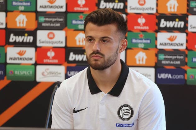 SOCCER - UEFA EL, Sturm vs Feyenoord GRAZ,AUSTRIA,26.OCT.22 - SOCCER - UEFA Europa League, group stage, SK Sturm Graz vs Feyenoord Rotterdam, preview, press conference, PK, Pressekonferenz Sturm. Image shows Albian Ajeti (Sturm).  GEPAxpictures xChrisxBauer