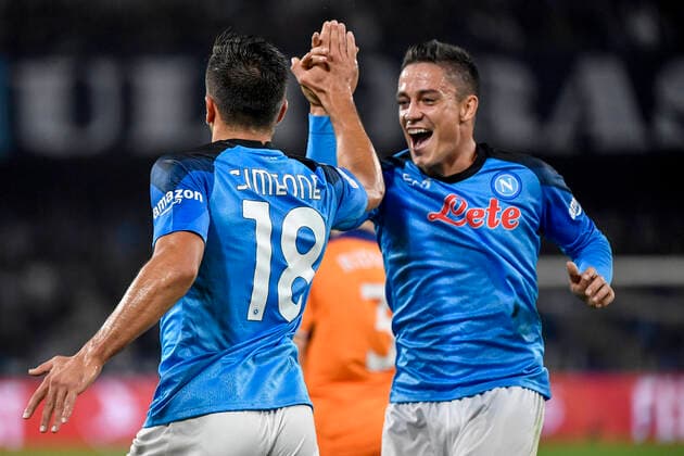 Giovanni Simeone of SSC Napoli celebrates with Giacomo Raspadori after scoring the goal of 1-0 during the Champions League Group A football match between SSC Napoli and Rangers FC at Diego Armando Maradona stadium in Napoli (Italy), October 26th, 2022. Photo Andrea Staccioli Insidefoto andreaxstaccioli