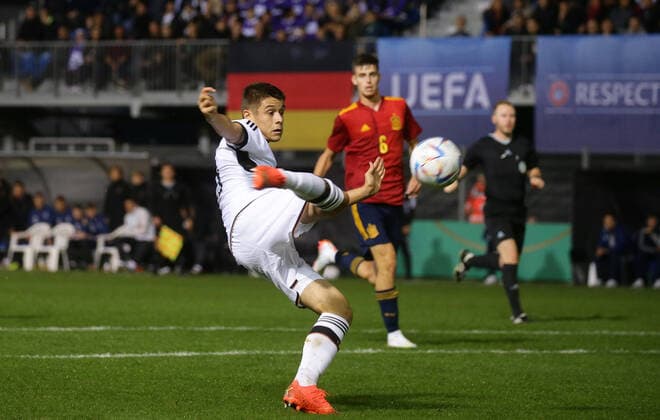 Pforzheim , Soccer international U19 Germany vs Spain , Nicolo Tresoldi GER